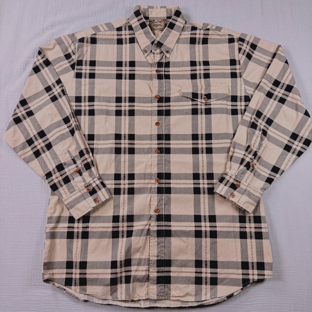 Vintage Roper Mens XL Beige Plaid Western Button Down Shirt Cotton USA Made - Picture 2 of 6
